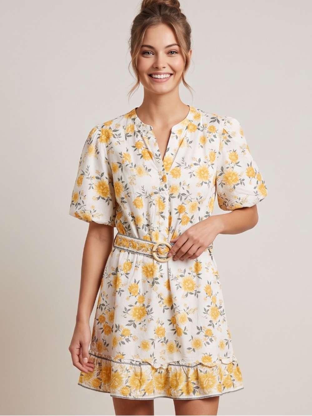 🌻NEW w/tag Joie Yellow Floral Belted Dress Puff Sleeve Pockets Size 16